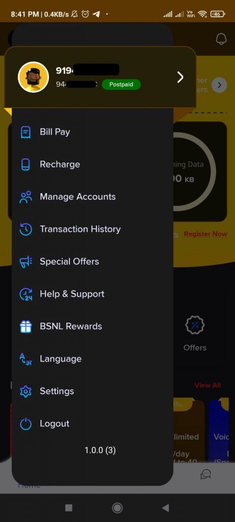 bsnl selfcare app menu options
