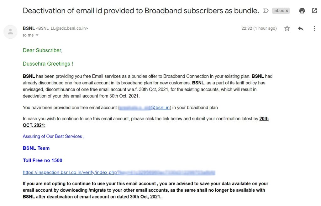 bsnl email id deactivation
