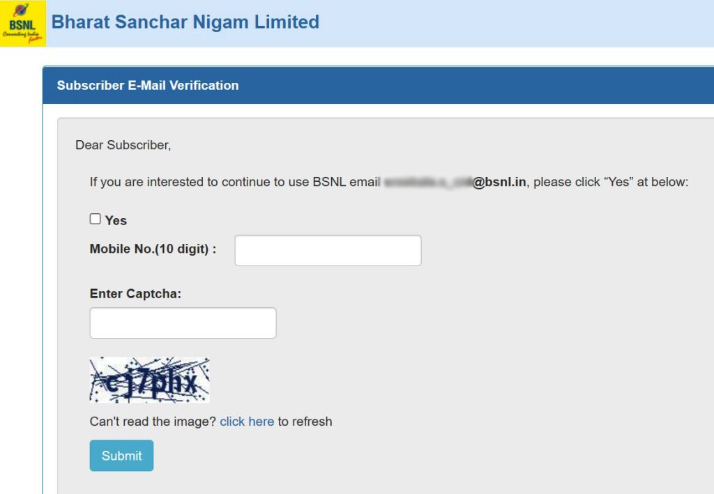 bsnl email verification